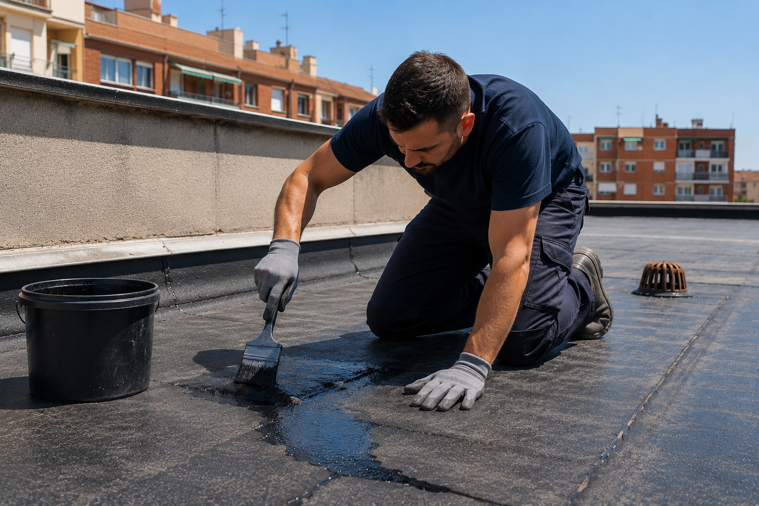 Técnico reparando una gotera en una cubierta de Zaragoza
